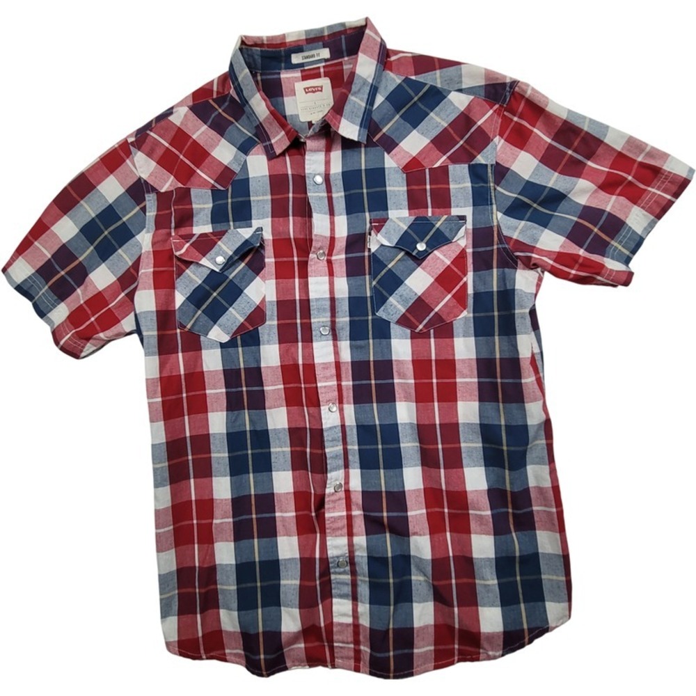 Wrangler Men's Standard Fit‎ Short Sleeve Shirt Red Blue White Plaid Size L